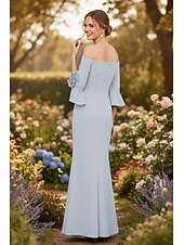 cheap Mermaid Evening Dresses-Mermaid Trumpet Floor Length Wedding Guest Dress Formal Dresses Evening Gown Prom Dresses Elegant Half Sleeve Off Shoulder Prom Formal Stretch Fabric with Embroidered Flower Solid Color