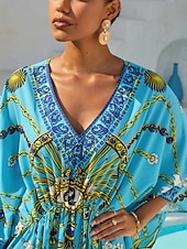 economico abito casual stampato-caftano da vacanza in chiffon con gioielli vintage