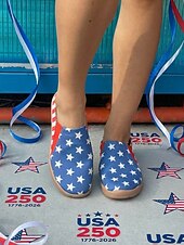 Röda blå patriotiska USA 250-årsjubileums slip-on sneakers för kvinnor - bekväma canvasskor med flaggtryck för fester, parader, avslappnade utflykter och festliga tillfällen