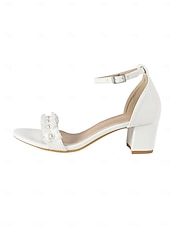 cheap Bride-Women's Ivory White Block Heel Sandals with Pearl Detail - Elegant Bridal Shoes for Garden Weddings