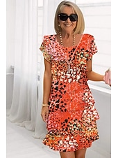 billiga Chiffongklänningar-Dam Midiklänning Sommarklänning Klänning med tryck Elegant Dagligen Normal Blommig Geometrisk Kortärmad Rund hals Ljusgul Ljusrosa Ljusrosa Dammig ros Sommar