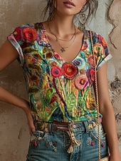 Per donna Maglietta Stampato Floreale Grafico Graffiti Bohemien Vintage Casual Manica Corta Scollo a V Top Regolari Quotidiano Blu Azzurro cielo Viola Verde Estate Primavera