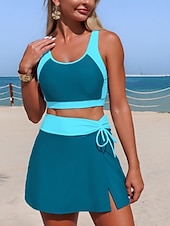 abordables Conjuntos de bikini-Mujer Bañadores Bikini 2 piezas Falda Traje de baño Control de barriga Alta cintura Delgado Espalda al Aire Vacaciones Ropa de playa Color sólido Camiseta con cuello redondo Sin Mangas Trajes de baño