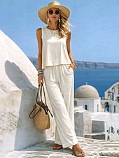 economico Set Coordinati di Lusso-Per donna Set di biancheria in cotone Gilet in cotone e lino Set di Pantaloni Senza Maniche Girocollo Tinta unica Moda Streetwear Casuale Quotidiano All'aperto Bianco Giallo Beige Estate Vestibilit