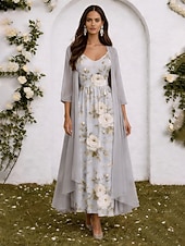 Χαμηλού Κόστους Λουλουδένιο Φόρεμα-Γυναικεία Σετ Φόρεμα Φόρεμα σε γραμμή Α Κομψό Διακοπές Φλοράλ Γραφική Πολυεπίπεδο Στάμπα Μακρύ φόρεμα 3/4 Μήκος Μανικιού Λαιμόκοψη V Επίσημο Ανθισμένο Ροζ Βυσσινί Πράσινο του τριφυλλιού