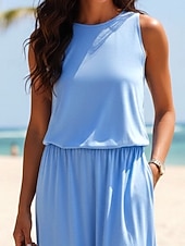 economico Vestito bianco-Per donna Abito maxi Abito a trapezio Abito Estivo Casual Quotidiano Vestibilità comoda Semplice Senza Maniche Girocollo Blu Estate