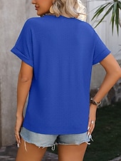 preiswerte Einfarbiges T-Shirt-Damen T Shirt T-Shirt Knöpfe Einfach Mode Stilvoll Klassisch Kurzarm V Ausschnitt Normale Oberteile Täglich Ausgehen Wochenende Blau Schwarz Purpur Fuchsie Grün Sommer Frühling