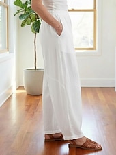 billiga Premium Linnekollektion-Dam Byxor av linne i bomull Kinesiska Sommarbyxor underbyxor Semester Streetwear Grundläggande Fullängd Medium Midja Slät Ficka Elastiskt midjeband Bekväm Komfort Microelastisk Dagligen Utomhus Gata