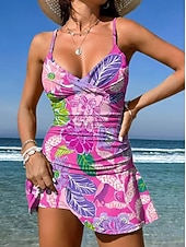 levne Tankiny-Dámské Plavky Jeden kus Sukně Plavky Elegantní prázdniny Květinový Grafika Do V Bez rukávů Plavky