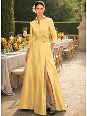 abordables Largo del piso-Corte A Hasta el Suelo Vestido de Camisa Vestido Invitada Boda Vestido formal Vestido de Madrina Manga 3/4 Cuello Camisero Elegante Boda Formal Tafetán Satén elástico con Abertura