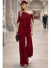 cheap Mom's Jumpsuits-Jumpsuits Floor Length Mother of the Bride Dress Short Sleeve Off Shoulder Elegant Formal Wedding Guest Wedding Party Chiffon with Ruffles