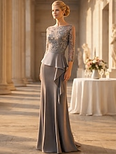 cheap Floor Length-Mermaid Trumpet Floor Length Wedding Guest Dress Formal Dresses Evening Gown Mother of the Bride Dress 3/4 Length Sleeve Half Sleeve Illusion Neck Jewel Neck Elegant Vintage Party Formal Wedding