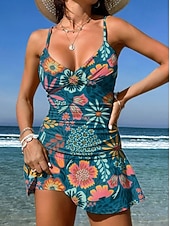 abordables Tankinis-Mujer Bañadores Una pieza Falda Traje de baño Elegante Vacaciones Floral Graphic Escote en Pico Sin Mangas Trajes de baño