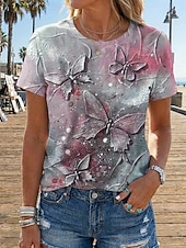 abordables T-shirt Art &amp; Design-Femmes T-shirt Imprimé Papillon Mode Moderne Manche Courte Col ras du cou Hauts Réguliers Quotidien Bleu Jaune Rose Claire Bleu Ciel Été