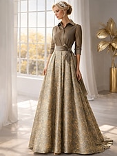 halpa Lattian pituus-A-linja Kokopitkä Paitamekko Häävieraspuku Muodollinen mekko Morsiammen äidin asu Pitkähihainen Paitapuserokaula-aukko Tyylikäs Vintage Häät Muodollinen Nylon kanssa Kukkapainatus Rusetti(rusetit