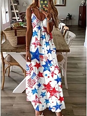  Jour de l'Indépendance Américaine Femmes Robe maxi Robe trapèze Robe Nuisette Vacances Occasionnel Sortir Coupe régulière Graphique Drapeau Américain Sans manches Col en V Bretelles spaghetti Bleu