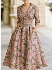 baratos Comprimento do chá-Linha A Longuette Vestido de festa Vestido Coquetel Vestido de convidada de casamento Vestidos de noite Elegante Vintage Manga 3/4 Colarinho de Camisa Casamento Formal Jacquard com Bolsos