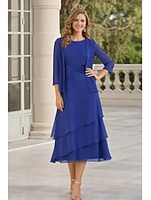 economico Set di abiti per la mamma-Tubino Colonna Lunghezza Tè Abito da invitata a nozze Abito da cerimonia per signora Manica 3/4 Collo gioiello Elegante Ospite di nozze Chiffon Con Stola con Arricciatura