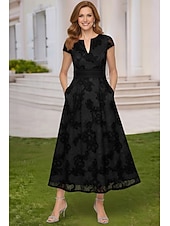 abordables Longitud a la altura del tobillo-Corte A Vestidos Hasta el Tobillo Vestido Cóctel Vestido Invitada Boda Vestido de Madrina Manga Corta Escote en Pico Escote Barco Elegante Casual Formal con Bordados Apliques