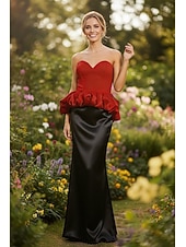 cheap Long Dresses &amp; Gowns-Mermaid Trumpet Floor Length Wedding Guest Dress Formal Dresses Evening Gown Prom Dresses Elegant Sleeveless Sweetheart Prom Formal Satin Stretch Fabric with Color Block