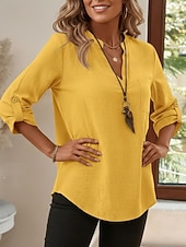 economico Camicie di Lusso-Per donna Camicie di cotone e lino Top estivi Blusa Top Eleganti Arricciato Patchwork Tasca Tinta unica Semplice Elegante Vintage Signore Manica 3/4 Colletto a Camicia Top Regolari Quotidiano Lavoro