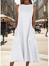 Недорогие Белые повседневные платья-женское платье миди без рукавов карманы повседневный силуэт А-силуэт круглый вырез белый летний универсальный стандартный крой удобный легкий дышащий одежда одежда