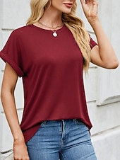 tanie gładka koszulka-Damskie Podkoszulek Koszulka Jednokolorowe Moda Elegancki Podstawowy Krótki rękaw Półgolf Zwykłe topy Codzienny Wyjściowe Weekend Czarny Rumiany róż Wino Fioletowy Zielony Lato Wiosna