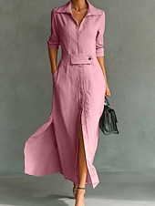 cheap White Casual Dresses-Women's Maxi Dress Shirt Dress White Dress Casual Dress Work Dress Elegant Fashion Modern Daily Office Regular Fit Plain Long Sleeve Shirt Collar Blue Black White Pink Summer Spring