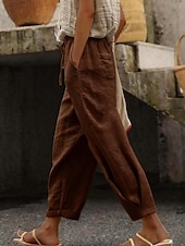 Χαμηλού Κόστους Βασικά Ψεύτικα Κάτω-Γυναικεία Βαμβακερό λινό παντελόνι κινέζικα Ίσια Διακοπές Βασικό Καθημερινό Πλήρες μήκος Ψηλή Μέση Σκέτο Τσέπη Ελαστική ζώνη μέσης Άνετα Άνεση Moale Μικροελαστικό