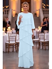 preiswerte Bodenlänge-Schlauchkleid Bodenlang Kleid für Hochzeitsgäste Abendkleid Brautmutterkleid Dreiviertelarm Rundhalsausschnitt Elegant Formell Chiffon mit Rüschen