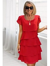 levne Šifónové šaty-Dámské Mini šaty Koktejlky Šaty pro svatební hosty Šifonové šaty Stupňovité šaty Elegantní Večerní oslava Rande Jdeme ven Běžný Čistá barva Krátký rukáv Tričkový Černá Podzim