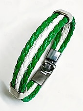 お買い得  聖パトリックの日-男性用のセントパトリックスデー編み込みフェイクレザーブレスレット、グリーンとホワイトの編み込みリストバンド、メタルクラスプ付き、男性用カジュアルアイリッシュスタイルジュエリー、ホリデーパレード、パーティー、お祭りの装いに最適