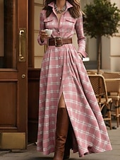 preiswerte Streifen- und geometrisches Kleid-Damen Maxikleid Shiftkleid Urlaub Lässig Boho Täglich Normale Passform Karomuster Langarm Hemdkragen Blau Gelb Rosa Rote Frühling Herbst Winter