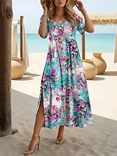 cheap Floral Dress-Women's Maxi long Dress Casual Dress A Line Dress Print Dress Fashion Modern Outdoor Beach Vacation Regular Fit Floral Graphic Short Sleeve V Neck Blue Summer Spring