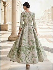 abordables Robes de cocktail-Ligne A Longueur cheville Longueur thé Robe de Cérémonie Robe Fleurie Robes de Cocktail Élégant ancien Floral Manche 3/4 Col en V Fête de jardin Mariage Poche Jacquard Dos Bénitier avec Imprim