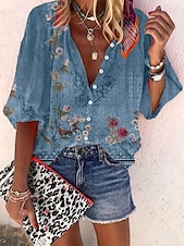 Недорогие Цветочные блузки-Жен. Рубашка С принтом Омбре Цветочный принт Графика Богемия Винтаж Повседневные Рукав 3/4 V-образный вырез Обычные топы Повседневные Праздники Одежда для пляжа