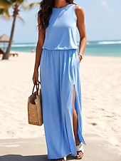 economico Vestito bianco-Per donna Abito maxi Abito a trapezio Abito Estivo Casual Quotidiano Vestibilità comoda Semplice Senza Maniche Girocollo Blu Estate