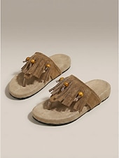 Χαμηλού Κόστους Γυναίκες-Γυναικεία καφέ σανδάλια στρινγκ με κρόσσια και ξύλινες χάντρες – φλατ σανδάλια σε στιλ boho σουέτ για υπαίθρια θέρετρα, διακοπές στην παραλία και τροπικά ταξίδια