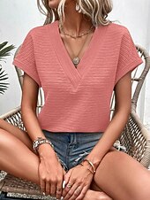 baratos Camiseta lisa-Mulheres Camiseta T-shirt Côr Sólida Moda à moda Clássico Manga Curta Decote V Tops regulares Diário Para Noite Final de semana Rosa Verde Tropa Vermelho Marron Verde Verão Primavera