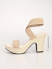 رخيصةأون ضيف حفل الزفاف-صنادل نسائية بيج اللون بكعب عريض ومنصة، أحذية رسمية مريحة بأشرطة متقاطعة مناسبة لحضور حفلات الزفاف على الشاطئ