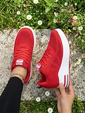 Недорогие Женские кроссовки-Белые женские дышащие кроссовки на платформе Flyknit — легкие, амортизирующие кроссовки для ходьбы, современная повседневная мода для бега, путешествий, работы, спортзала, шопинга. &amp;повседневная