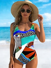 Недорогие Монокини-Жен. Купальники Один кусочек Высокий вырез купальник Одежда для пляжа лето Графика Геометрический принт U-образный вырез Без рукавов Купальники