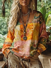 economico Tops Boho-Per donna Maglietta bohémien Maglietta Stampato Floreale Grafico Vintage Etnico Casual Manica Lunga Scollo a V Top Regolari Quotidiano Weekend Abbigliamento da vacanza Arancione Estate Primavera