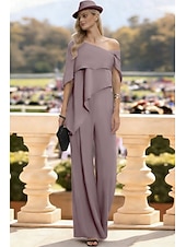 cheap Mom's Jumpsuits-Jumpsuits Floor Length Mother of the Bride Dress Short Sleeve Off Shoulder Elegant Formal Wedding Guest Wedding Party Chiffon with Ruffles