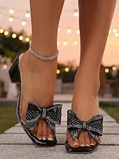 abordables Mujeres-Sandalias negras de tacón cuadrado para mujer con lazo de malla de diamantes de imitación: elegantes sandalias con tiras transparentes y punta cuadrada para noches de resort, cenas y bodas de verano.