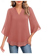 cheap Plain Blouses-Women's Blouse Solid Color Elegant Stylish Casual 3/4 Length Sleeve V Neck Regular Tops Daily Pink Wine Red Royal Blue Green Summer Spring