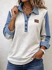  Mulheres Moletom Bloco de cor Casual Manga Longa Lapela Tops regulares Bege Primavera Outono