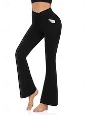 abordables Leggings unis-Femmes Pantalons Pantalon décontracté leggings évasés Vacances Mode Streetwear Longueur complète Taille haute Uni Avec Poches Taille Élastique Confortable Élastique Quotidien Yoga Sport &amp; Loisir Noir