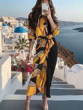 baratos Arte &amp; Design Vestidos-Mulheres Vestido midi Vestido da bainha Casual Ao ar livre Para Noite Normal Floral Gráfico Manga 3/4 Aberto para a Lateral Laranja Verão Primavera Outono
