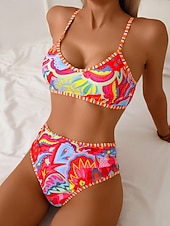 preiswerte Bikini-Sets-Damen Badeanzug Bikini Zweiteilig Slips Bademode Schlank Rückenfrei Urlaub Strandbekleidung Farbblock Rundausschnitt Ärmellos Badeanzüge